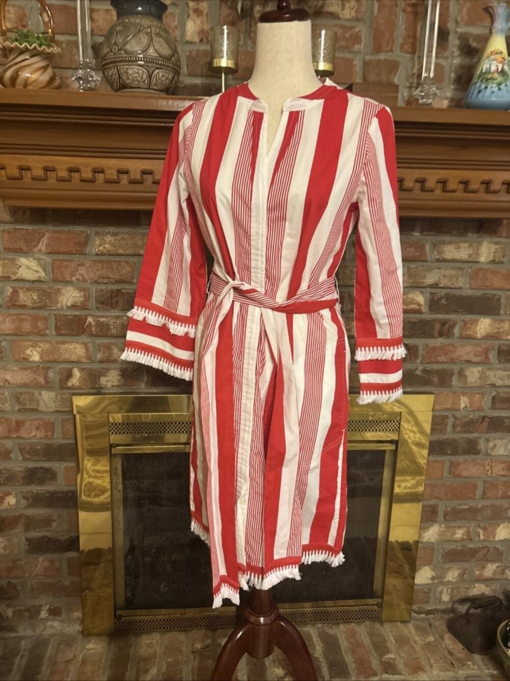 Jcrew Red & White Stripe Dress Size 00 Belted Poplin Dress - Picture 2 of 8